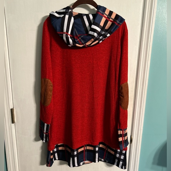 NWOT Women’s Cowl Neck Sweater Knit Tunic Dress Red/Plaid, Large - Picture 2 of 6